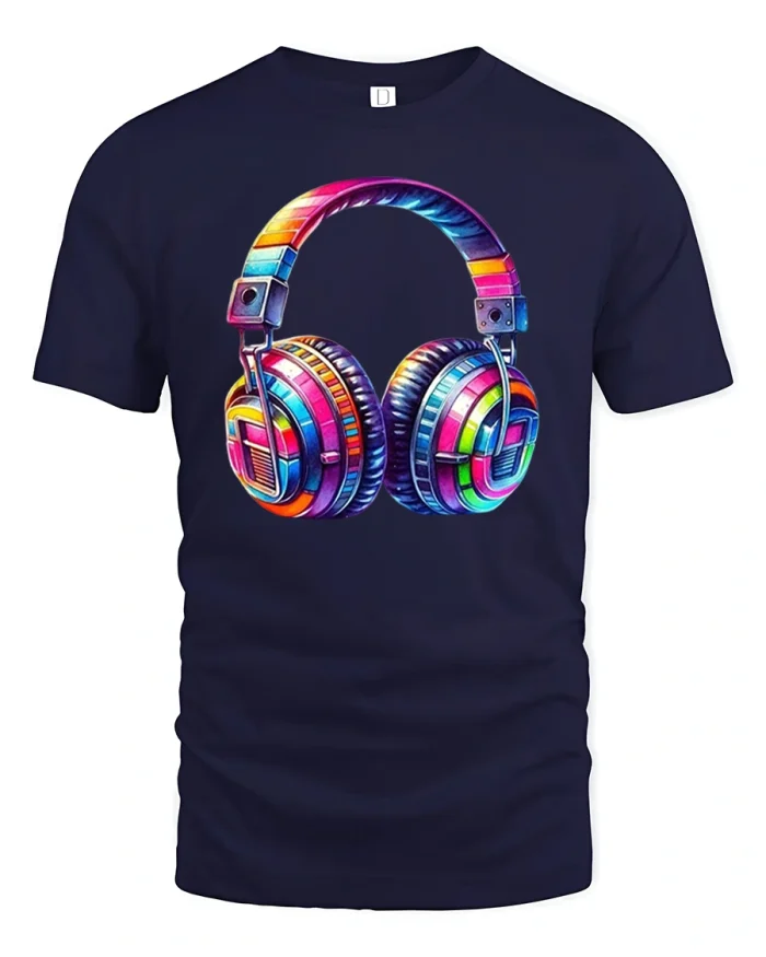 Vibrant Rainbow Headphones Tee Colorful Music Lover Tshirt - navy t-shirt on white background