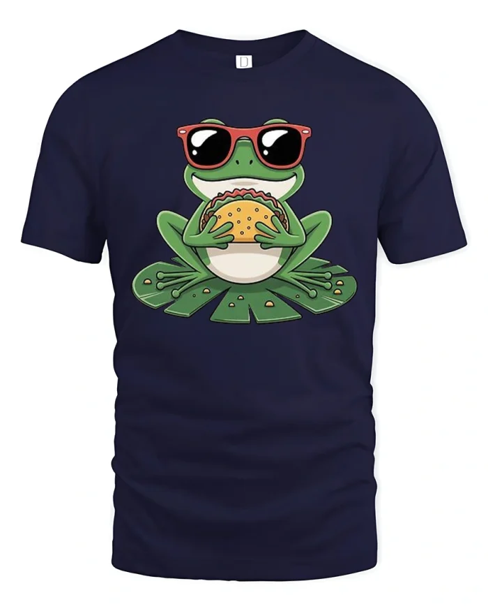 Cool Frog Burger Tee Funny Hungry Frog Tshirt for Food Lovers - navy t-shirt on white background