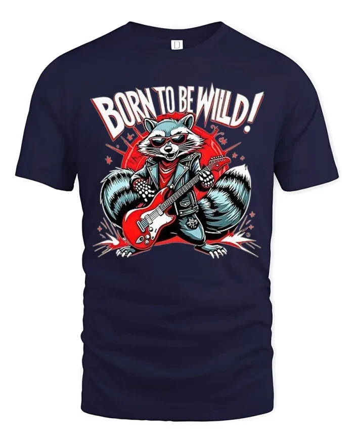 Born to Be Wild Raccoon Guitar Rocker Tee Funny Animal Tshirt - navy t-shirt on white background