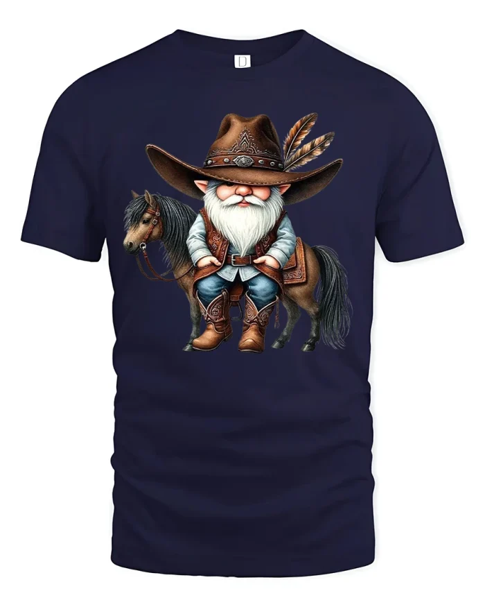Cowboy Gnome Horse Rider Tee Cute Western Country Tshirt - navy t-shirt on white background