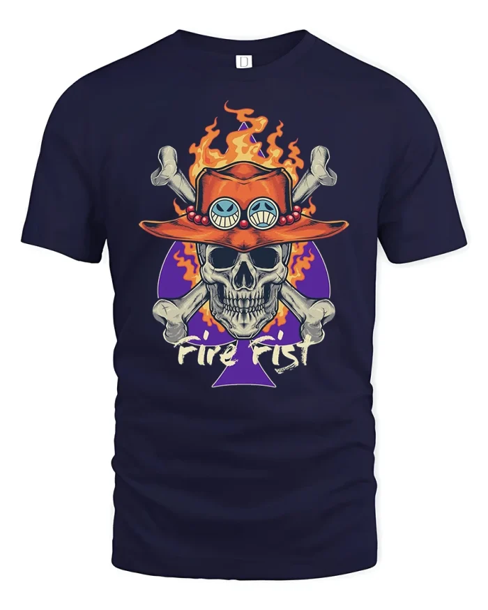 Fire Fist Skull Tee Flaming Hat Crossbones Cool Graphic Tshirt - navy t-shirt on white background