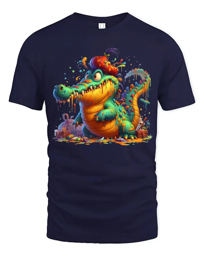 Color Splash Gator Tee Funny Paint Splatter Crocodile Tshirt - navy t-shirt on white background