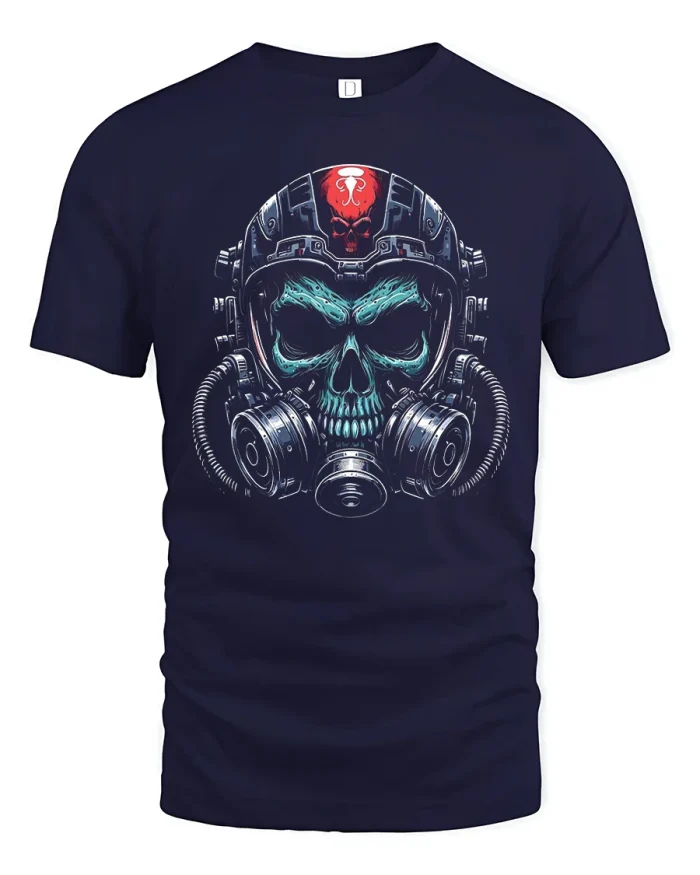 Skull Pilot Tee Gas Mask Warrior Fighter Helmet Graphic Tshirt - navy t-shirt on white background