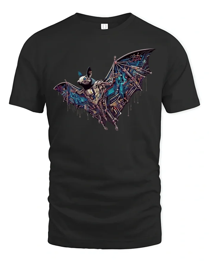 Cyber Tech Bat Circuit Wings Futuristic Creature Art Tee - black t-shirt on white background