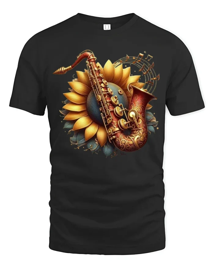 Sunflower Saxophone Melody Art Tee with Musical Bloom Design - black t-shirt on white background