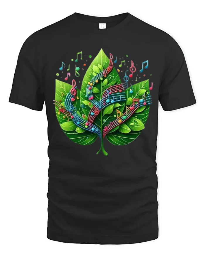 Musical Leaf Nature Melody Colorful Notes Art Eco Style Tee - black t-shirt on white background