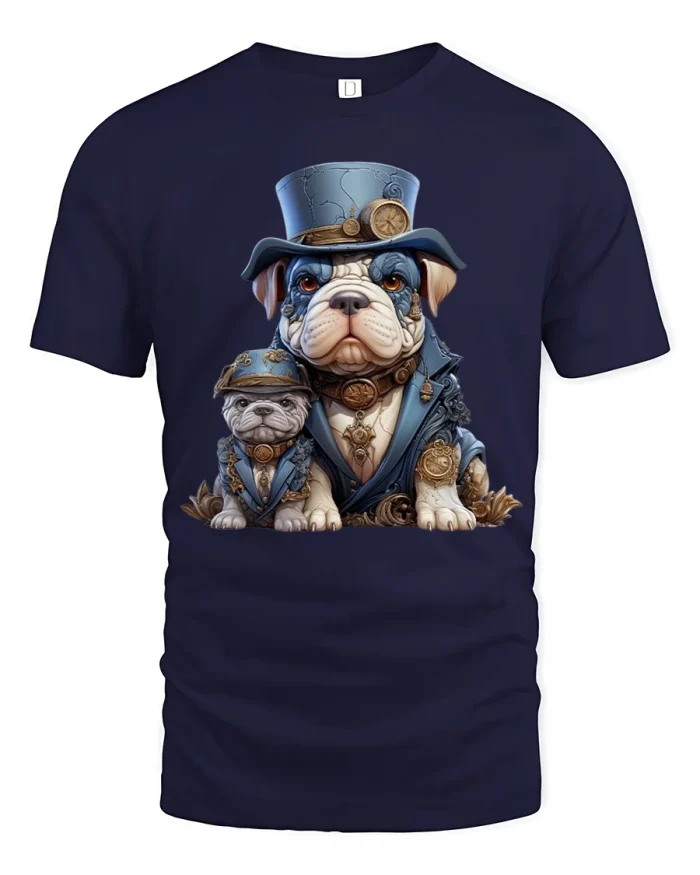Steampunk Bulldog Duo Vintage Gear Outfit Cool Art Tee - navy t-shirt on white background