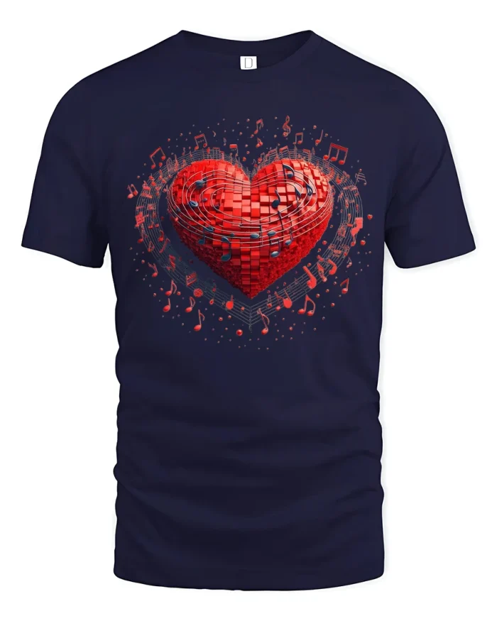 Musical Heart Beat Vibrant Red Melody Graphic Art Tee - navy t-shirt on white background
