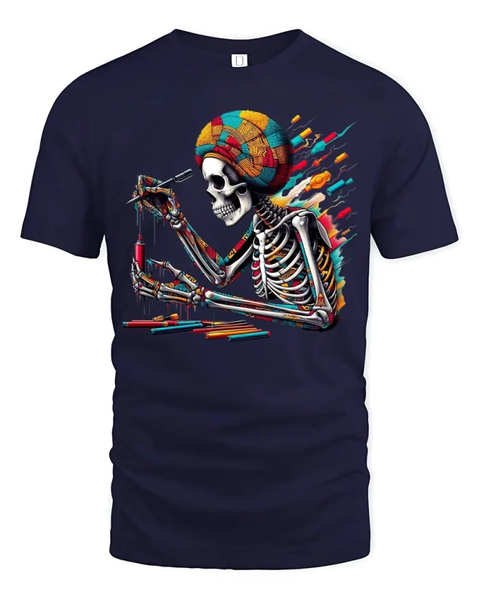 Colorful Artist Skeleton Painting Vibrant Creative Art Tee - navy t-shirt on white background