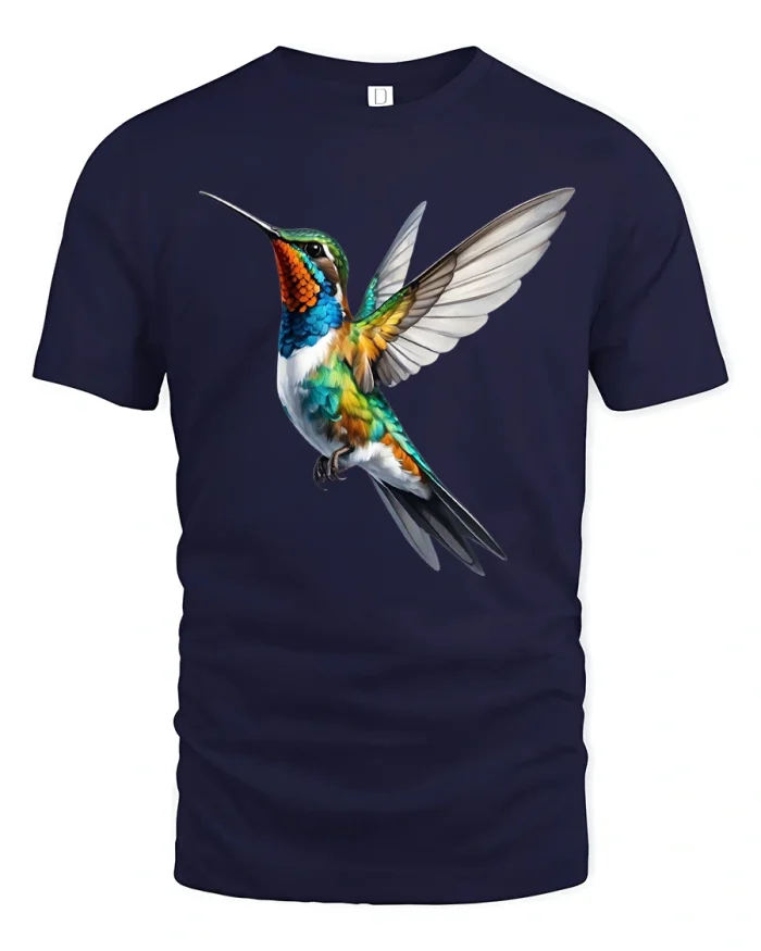 Vibrant Hummingbird Colorful Flying Bird Nature Art Tee - navy t-shirt on white background