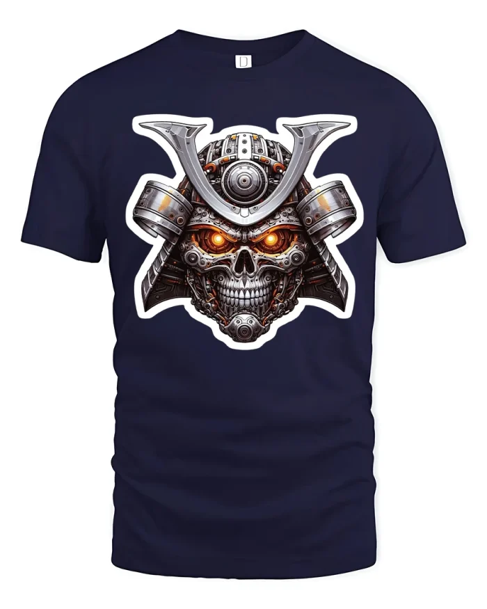 Cyber Samurai Skull Mechanical Warrior Fiery Eyes Art Tee - navy t-shirt on white background