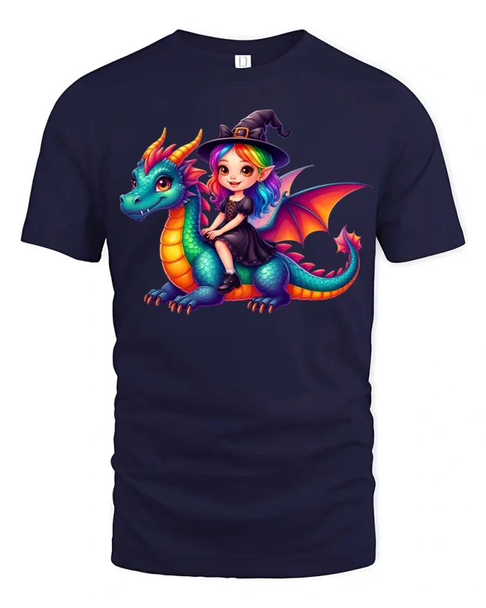 Cute Witch Riding Dragon Colorful Fantasy Magic Art Tee - navy t-shirt on white background