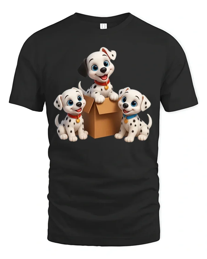 Cute Dalmatian Puppies Box Surprise Adorable Cartoon Tee - black t-shirt on white background