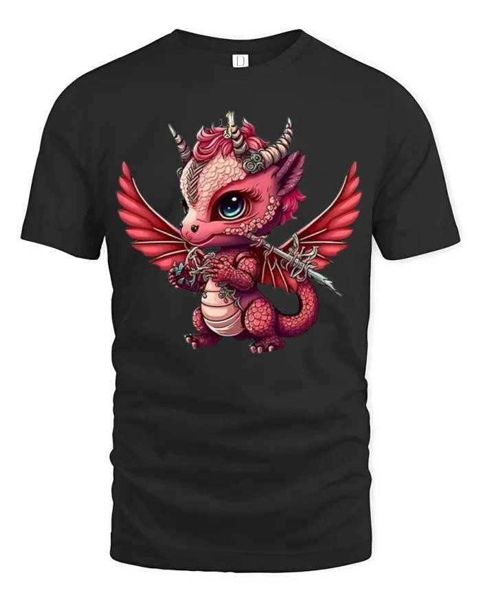 Cute Pink Baby Dragon Tee with Fantasy Wings and Charm Art - black t-shirt on white background