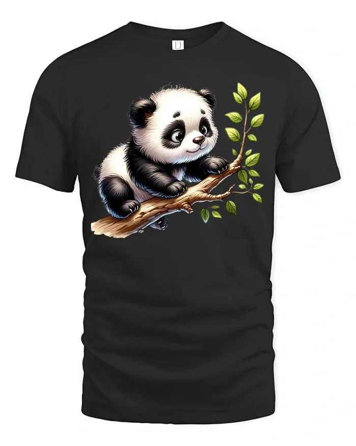 Cute Baby Panda on Tree Branch Sweet Nature Art Cartoon Tee - black t-shirt on white background