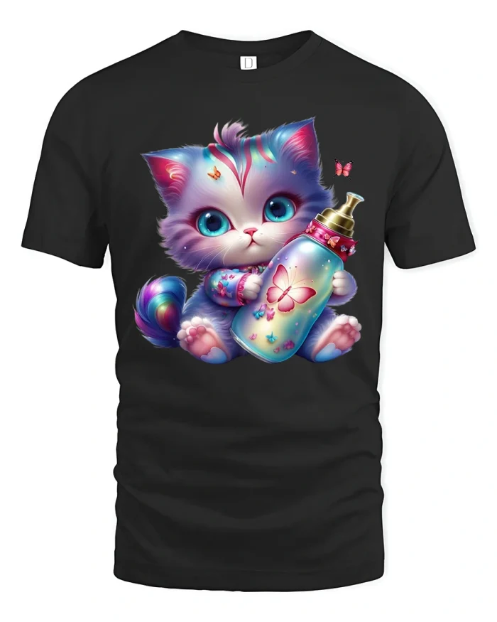 Cute Baby Kitten Tee Holding Bottle with Rainbow Butterfly Art - black t-shirt on white background