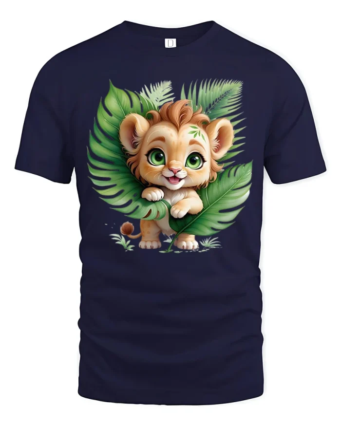 Cute Jungle Lion Cub Tee with Big Green Eyes and Leaf Design - navy t-shirt on white background