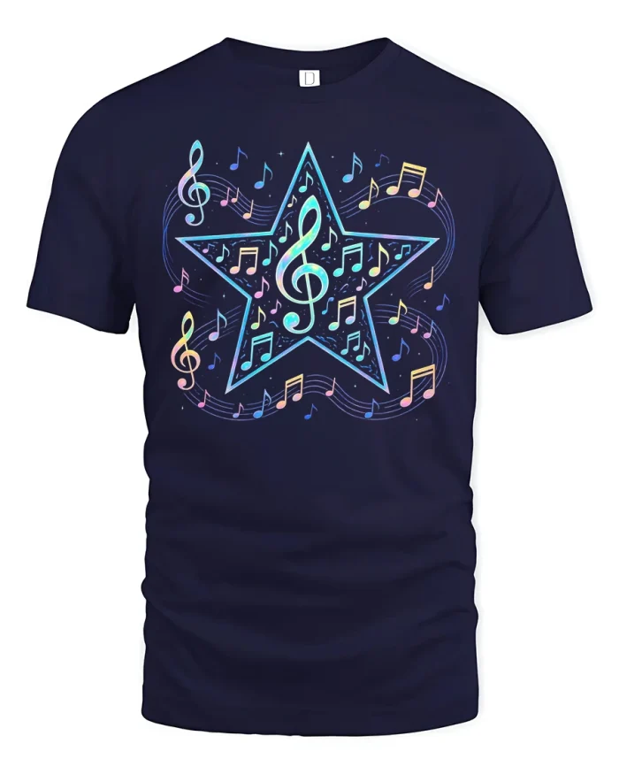 Colorful Music Star Notes Tee with Vibrant Treble Design - navy t-shirt on white background