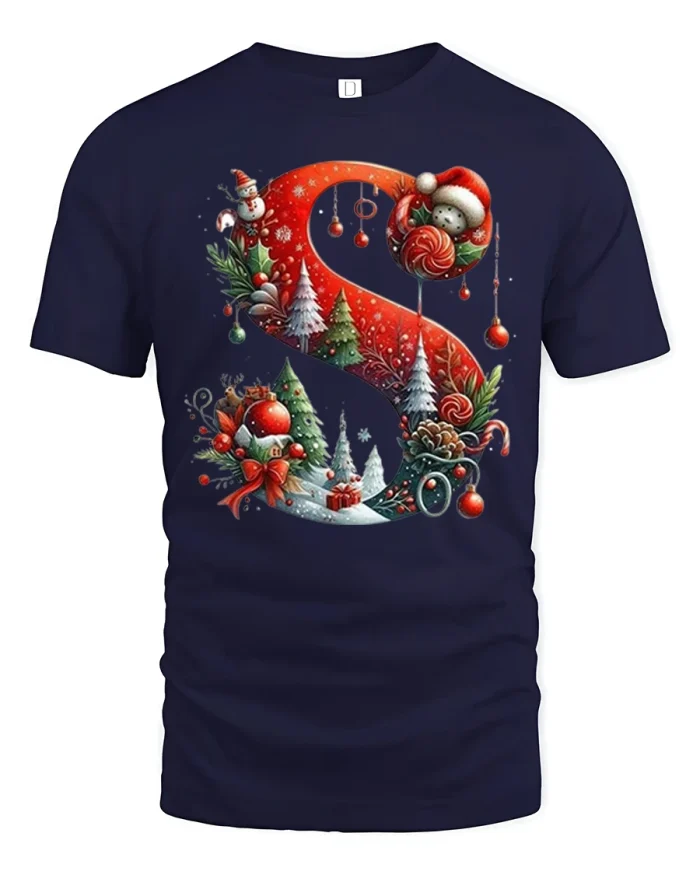 Christmas Letter S Tee with Festive Holiday Art and Ornaments - navy t-shirt on white background