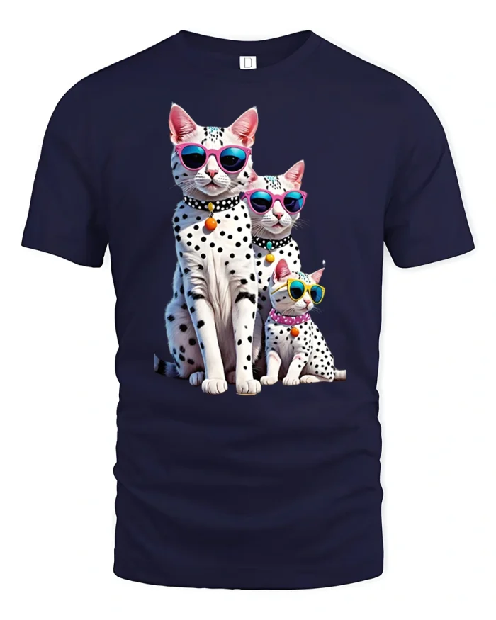 Cool Cat Family Tee with Sunglasses and Fun Spotted Design - navy t-shirt on white background
