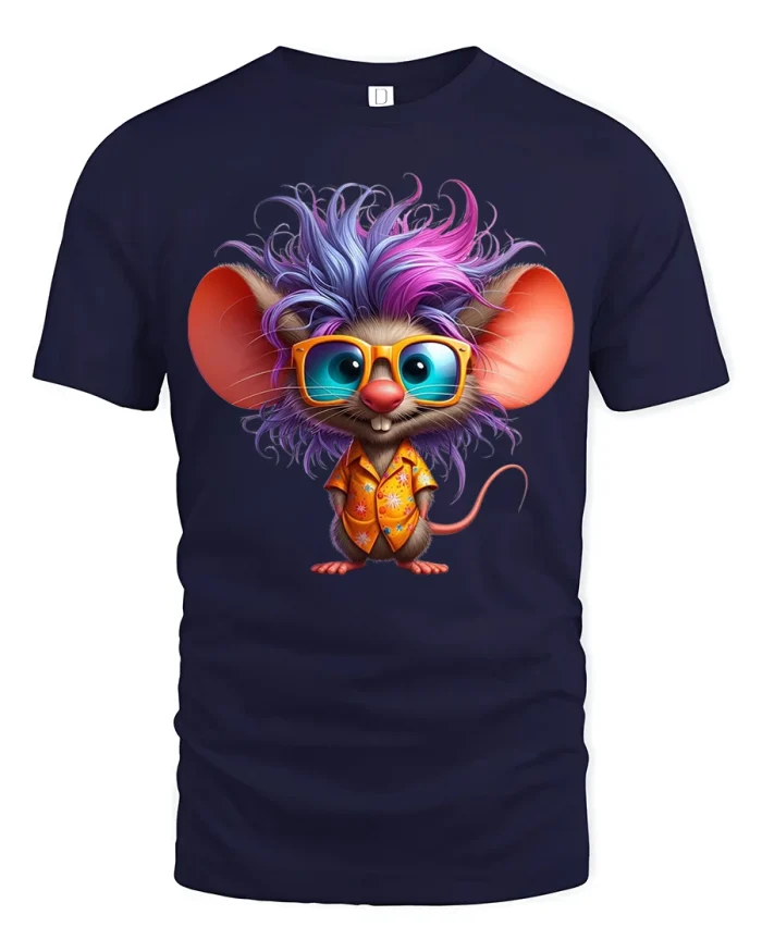 Cool Mouse Tee with Wild Hair and Bright Retro Sunglasses Art - navy t-shirt on white background