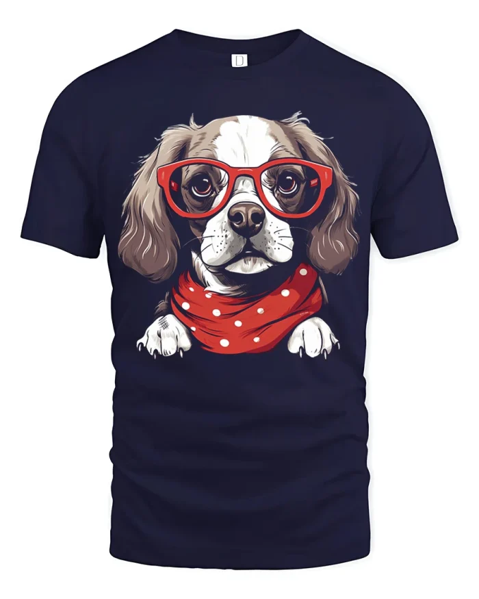 Cute Dog With Red Glasses Tee in Fun Polka Dot Bandana Style - navy t-shirt on white background