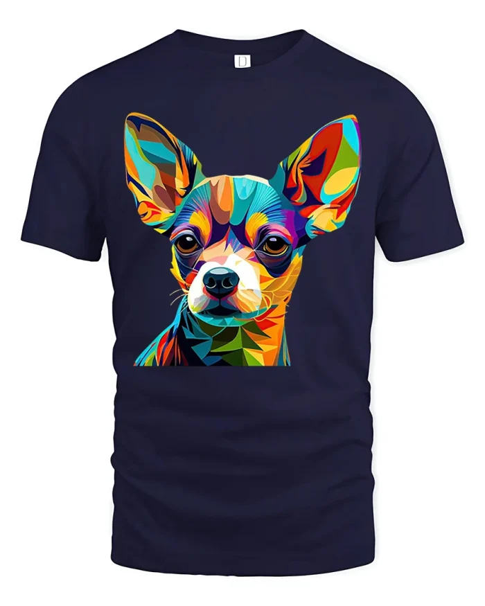 Colorful Chihuahua Art Tee in Bright Geometric Dog Style - navy t-shirt on white background
