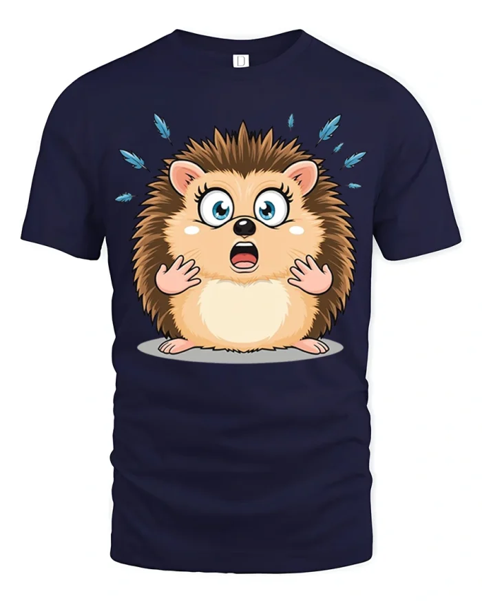 Funny Shocked Hedgehog Tee With Cute Cartoon Spiky Style - navy t-shirt on white background
