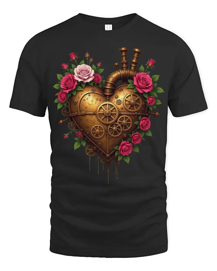 Steampunk Rose Heart Art Tee with Vintage Gears and Floral Style - black t-shirt on white background