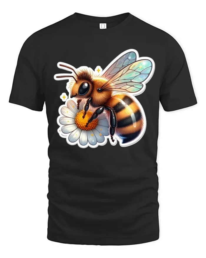 Cute Honey Bee Flower Tee with Adorable Bright Cartoon Style - black t-shirt on white background