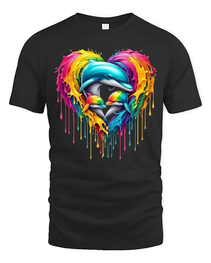 Colorful Dolphin Heart Tee with Bright Splash Art Design - black t-shirt on white background
