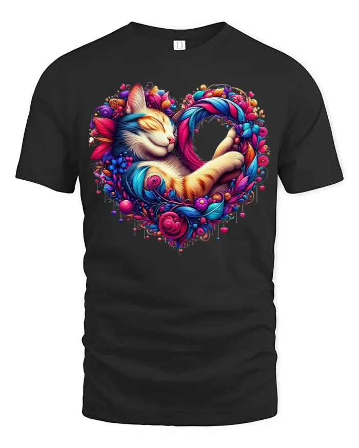 Colorful Sleeping Cat Heart Tee with Bright Artistic Design - black t-shirt on white background