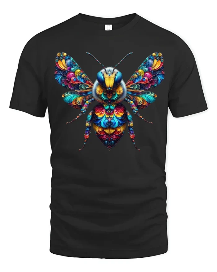 Colorful Artistic Bee Tee with Vibrant Patterned Wings Design - black t-shirt on white background