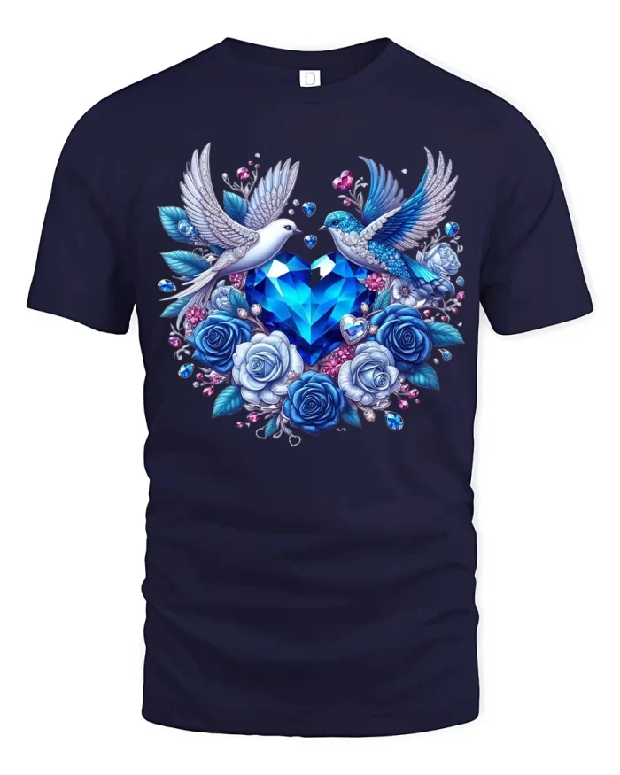 Blue Gem Heart Doves Tee with Elegant Floral Romantic Art - navy t-shirt on white background
