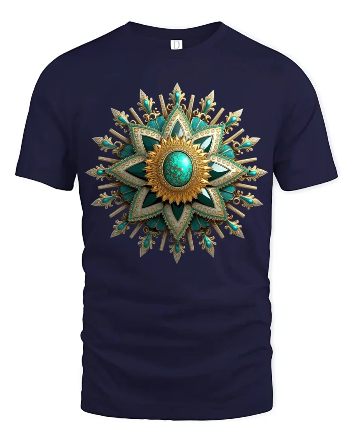 Elegant Turquoise Gold Mandala Star Tee with Ornate Art Design - navy t-shirt on white background