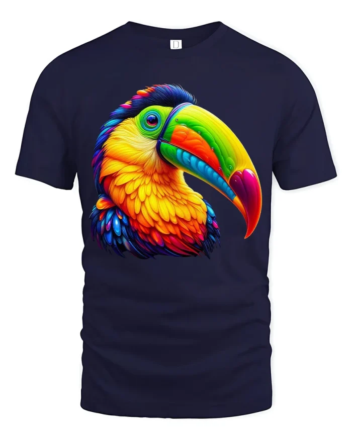 Vibrant Rainbow Toucan Tee with Bold Tropical Bird Artwork - navy t-shirt on white background