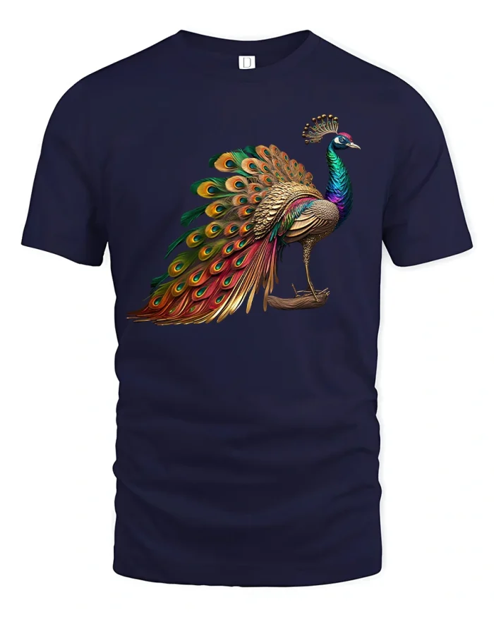 Elegant Peacock Art Tee with Vibrant Feathers and Regal Style - navy t-shirt on white background