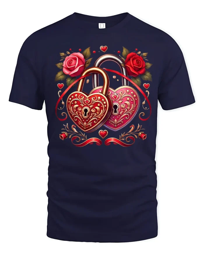 Romantic Heart Lock Tee with Roses and Elegant Love Artwork - navy t-shirt on white background