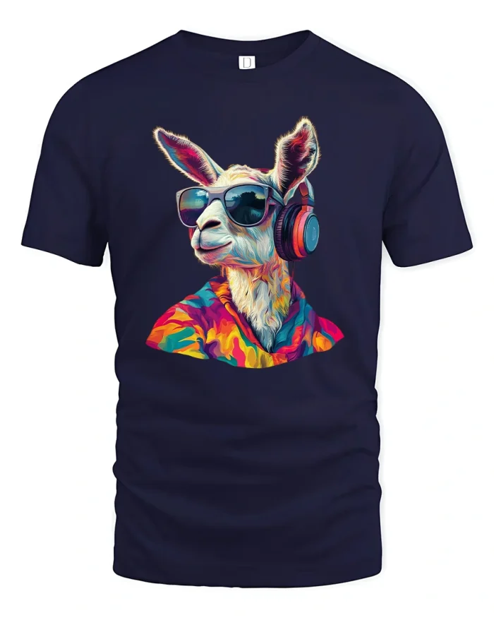 Cool Llama DJ Tee with Colorful Headphones and Funky Style Art - navy t-shirt on white background