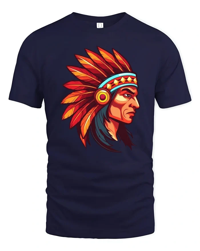 Bold Tribal Warrior Tee with Vibrant Feathered Helmet Art - navy t-shirt on white background