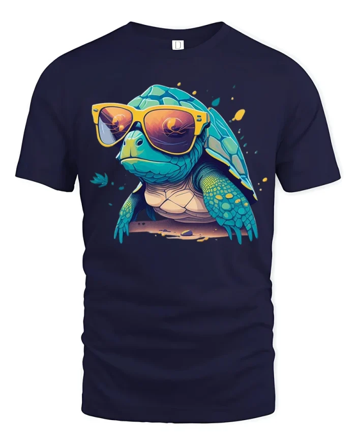 Cool Sunglasses Turtle Tee with Fun Bright Summer Art Style - navy t-shirt on white background