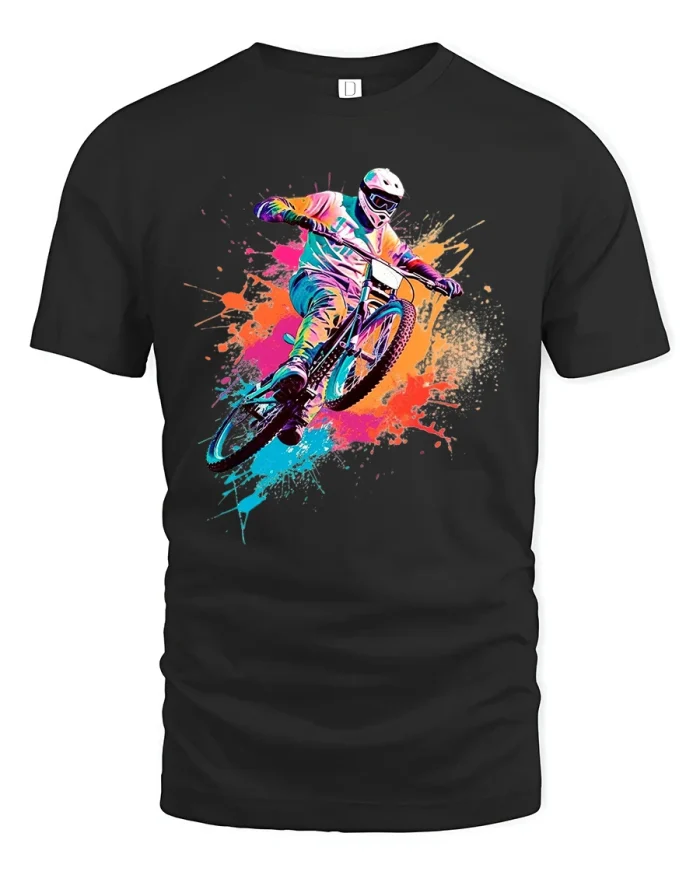 Epic Mountain Biker Tee with Vibrant Splash Art Extreme Style - black t-shirt on white background