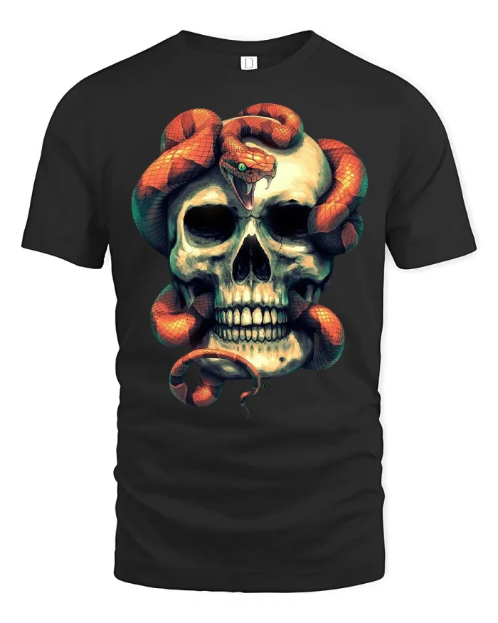 Venom Skull Serpent Tee with Fierce Snake and Bone Art Design - black t-shirt on white background