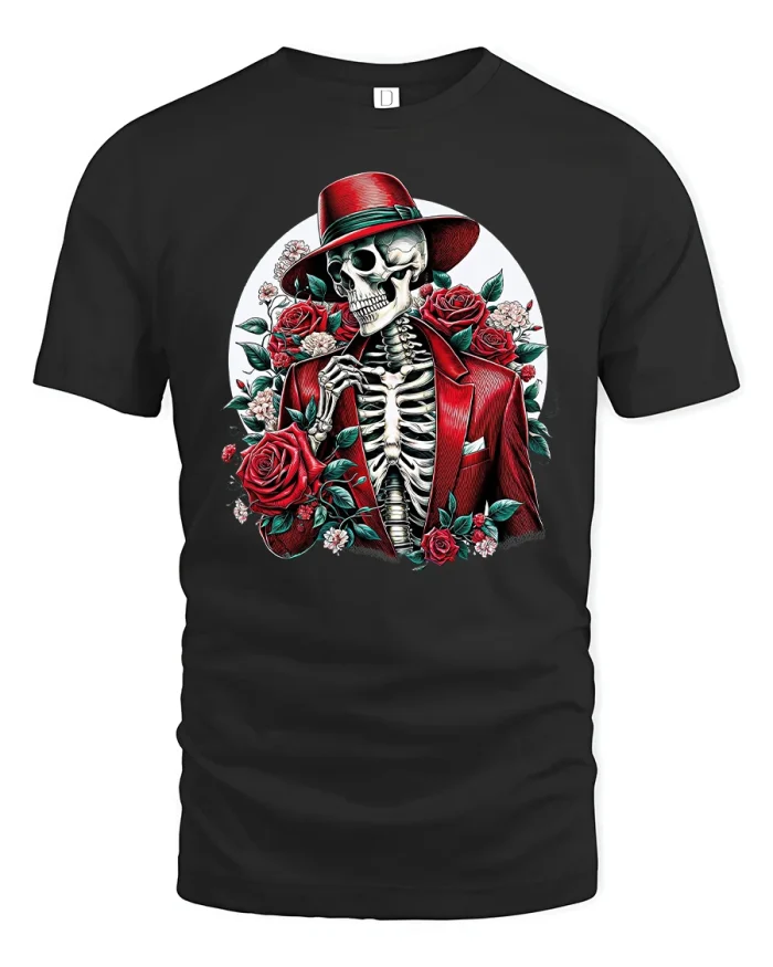Elegant Skeleton Roses Tee with Stylish Red Suit Artwork - black t-shirt on white background