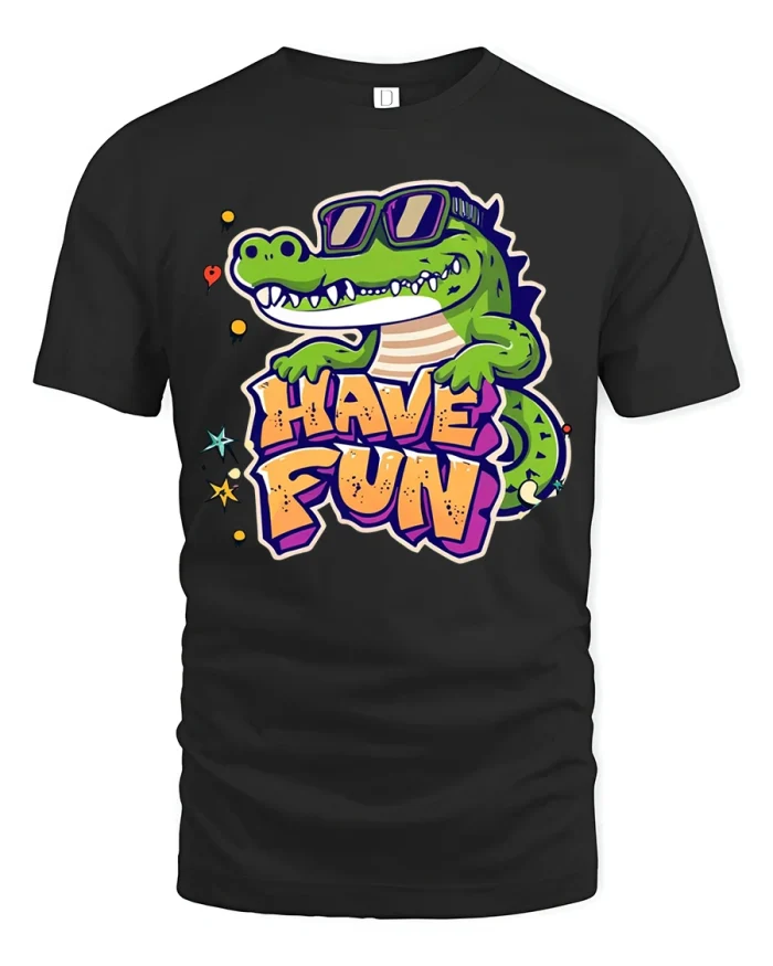 Cool Alligator Have Fun Tee with Retro Sunglasses Graphic - black t-shirt on white background