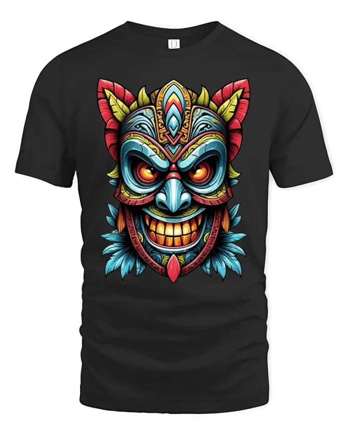 Vibrant Tribal Demon Mask Tee with Bold Colorful Artwork Design - black t-shirt on white background