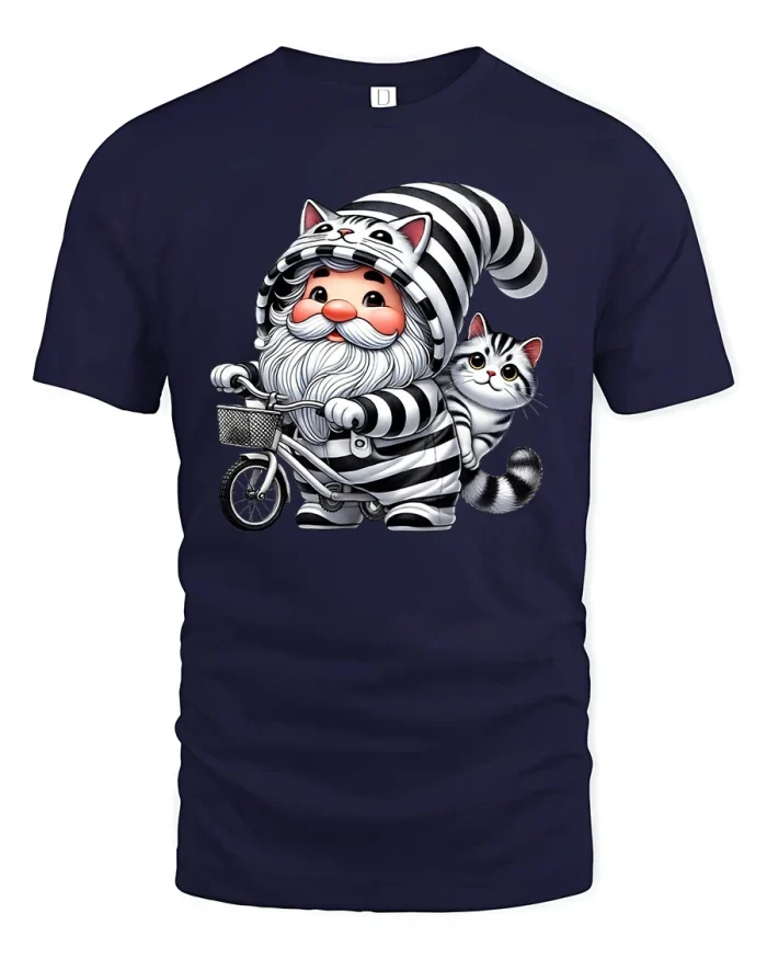 Cute Cat Gnome Bike Tee with Adorable Striped Kitty Artwork - navy t-shirt on white background