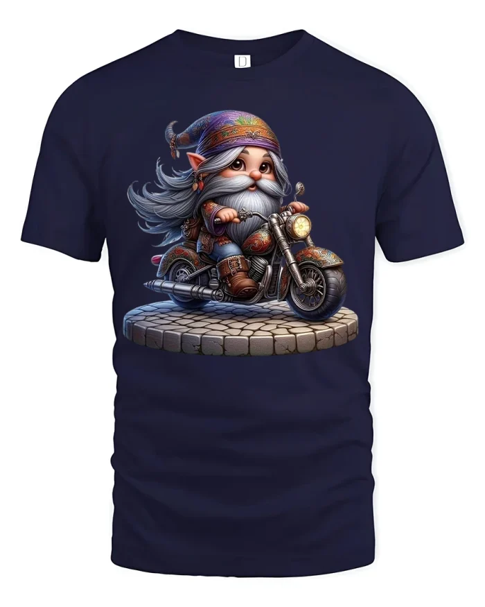 Cool Biker Gnome Tee with Motorcycle Art and Fun Fantasy Style - navy t-shirt on white background
