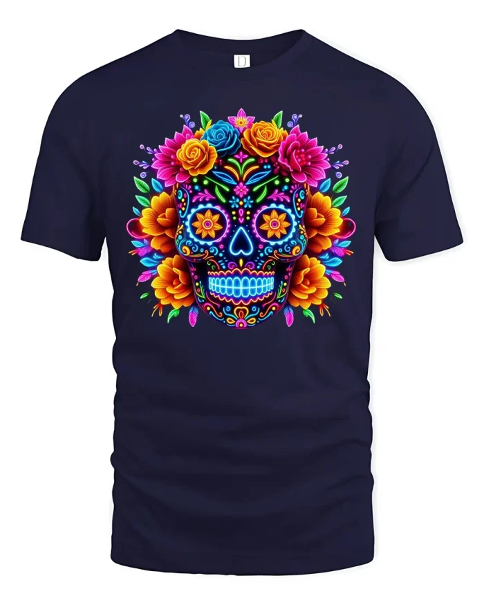 Vibrant Sugar Skull Tee with Bright Floral Festival Artwork - navy t-shirt on white background
