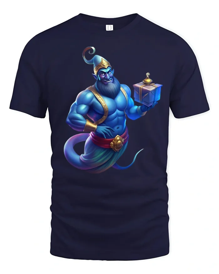 Magic Genie Gift Tee with Mystical Blue Character Art - navy t-shirt on white background